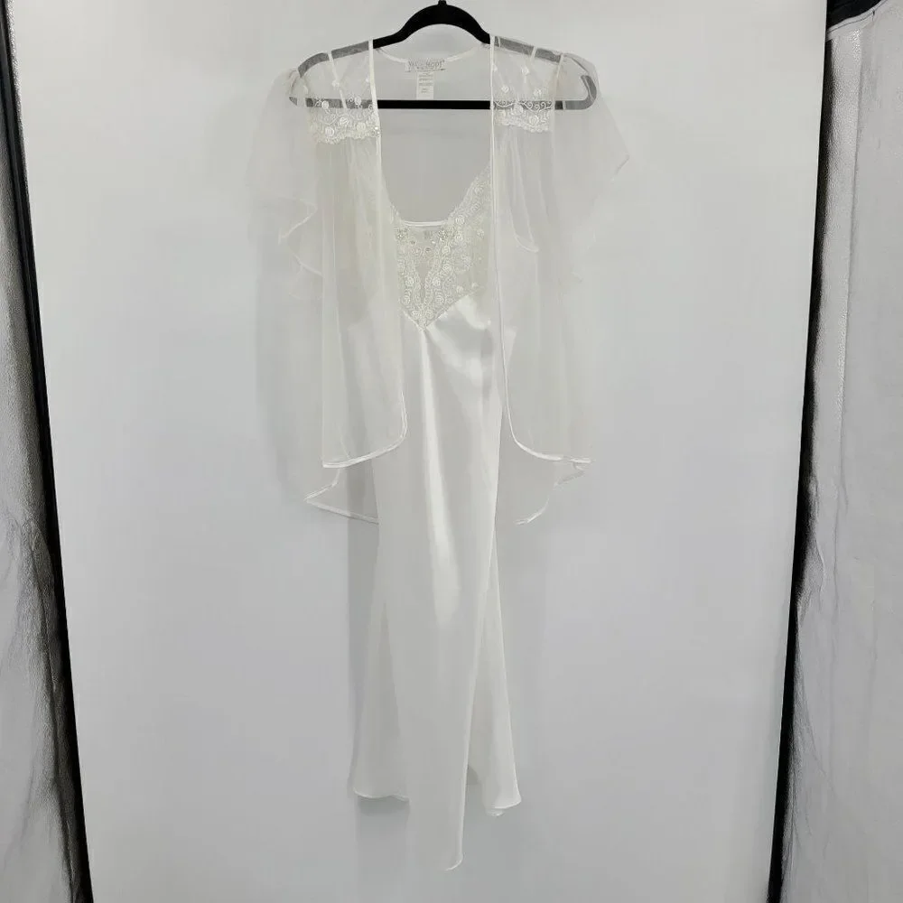 Vtg Val Mode Lingerie Peignoir Negligee Set Sheer Robe Mermaid Gown White Sz S
